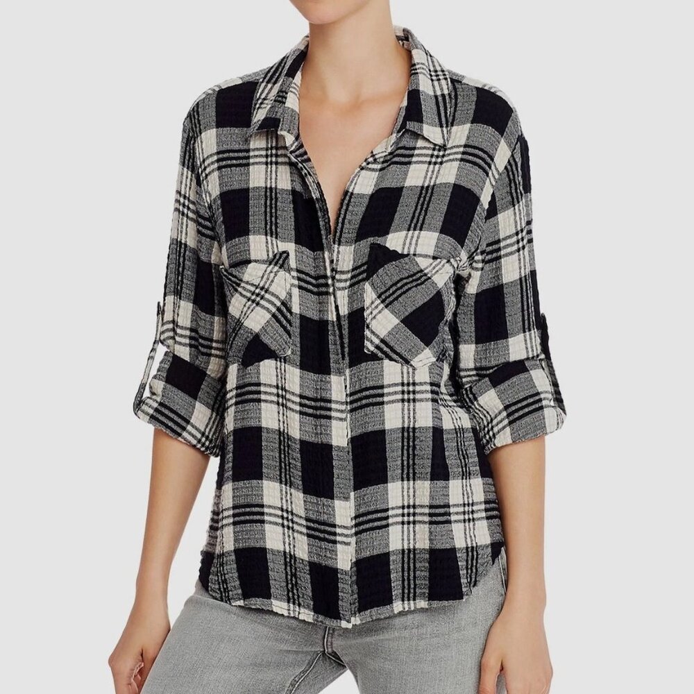Cloth & Stone Plaid Roll Tab Textured Button Up Shirt Penguin Tail Seersucker